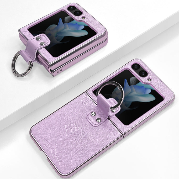 Custodia per telefono in pelle goffrata elettrolitica con anello, For Samsung Galaxy Z Flip5, For Samsung Galaxy Z Flip4