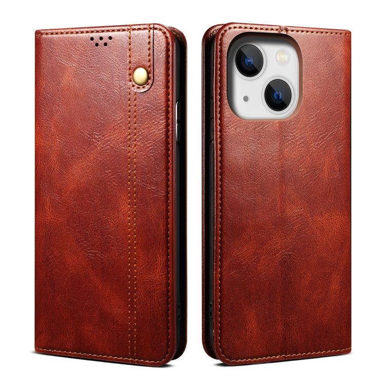 Custodia per telefono in pelle con trama di cavallo pazzo in cera d'olio, For iPhone 15 Pro, For iPhone 15 Plus, For iPhone 15