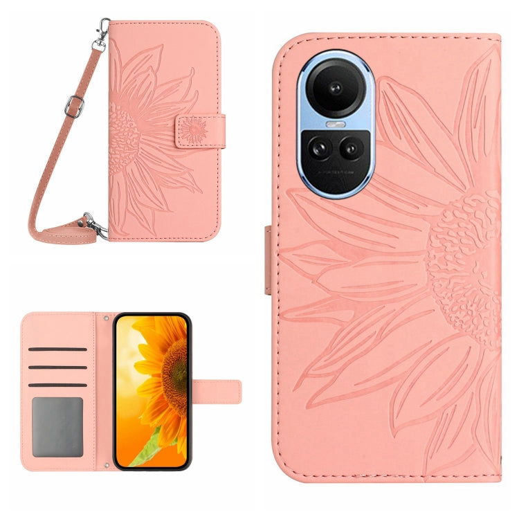 Skin Feel Custodia per telefono in pelle con flip in rilievo Sun Flower con cordino, For OPPO A58 4G, For OPPO Reno10 Global / Reno10 Pro Global
