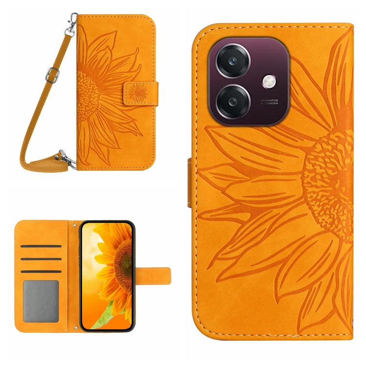 Skin Feel Custodia per telefono in pelle con flip in rilievo Sun Flower con cordino, For OPPO A3 4G Global / 5G Global, For OPPO A3x India