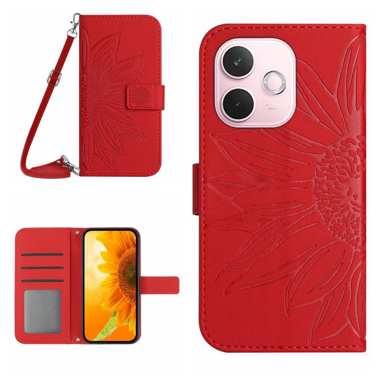 Skin Feel Custodia per telefono in pelle con flip in rilievo Sun Flower con cordino, For OPPO A5 Pro 5G Global, For OPPO Reno13 Pro Global