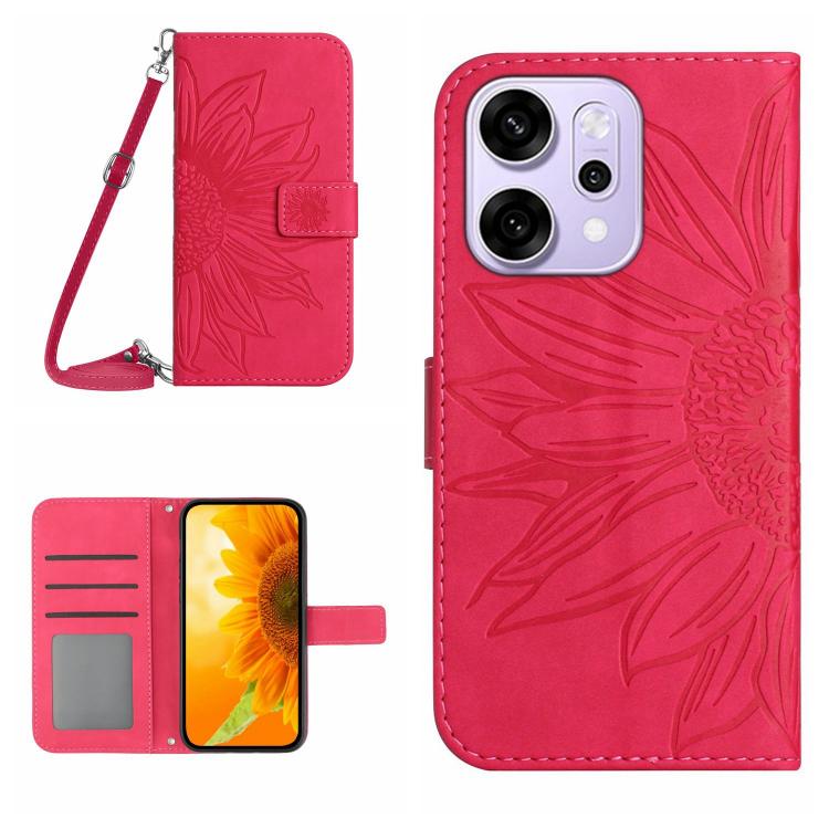 Skin Feel Custodia per telefono in pelle con flip in rilievo Sun Flower con cordino, For OPPO Reno14 Pro 5G Global, For OPPO Reno14 5G Global