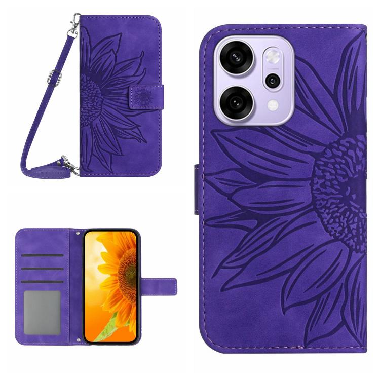 Skin Feel Custodia per telefono in pelle con flip in rilievo Sun Flower con cordino, For OPPO Reno14 Pro 5G Global, For OPPO Reno14 5G Global