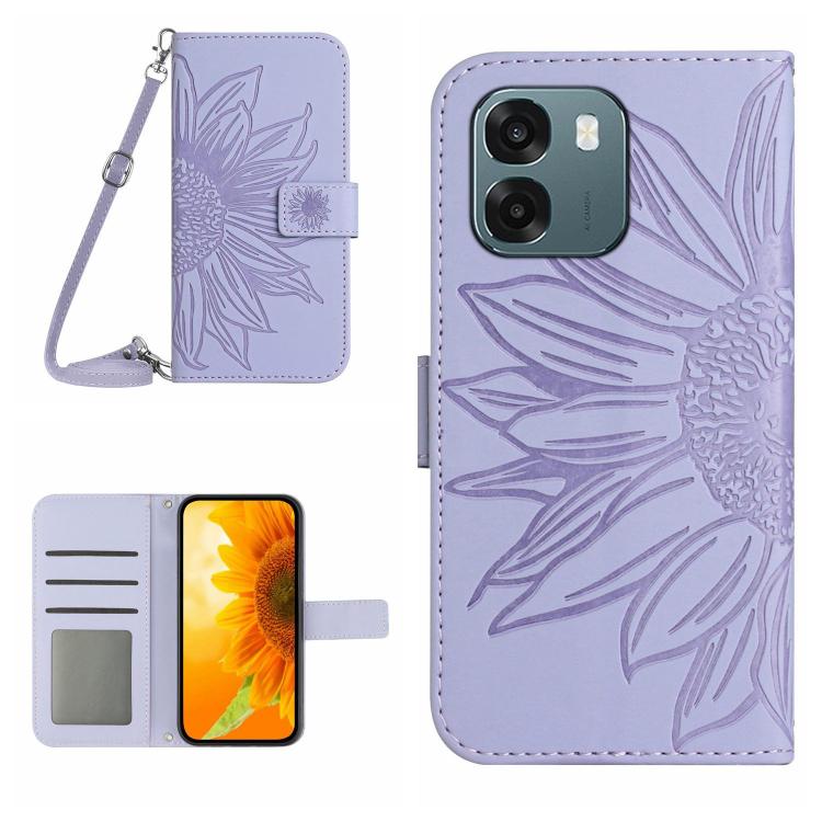 Skin Feel Custodia per telefono in pelle con flip in rilievo Sun Flower con cordino, For OPPO A6 5G Global / A6x 5G, For OPPO Reno15 F 5G Global