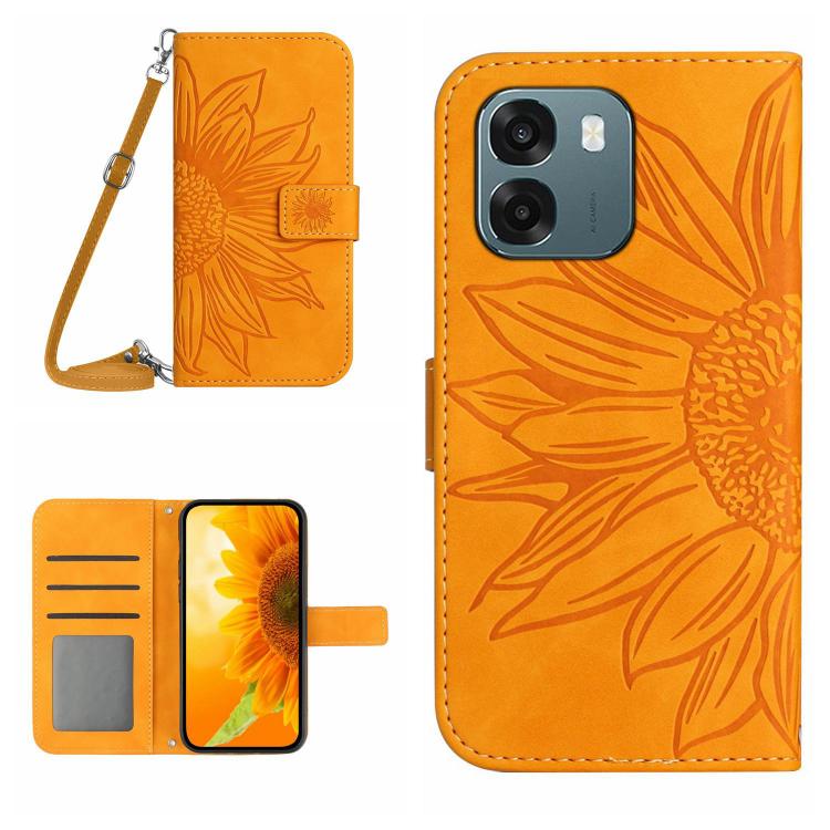Skin Feel Custodia per telefono in pelle con flip in rilievo Sun Flower con cordino, For OPPO A6 5G Global / A6x 5G, For OPPO Reno15 F 5G Global