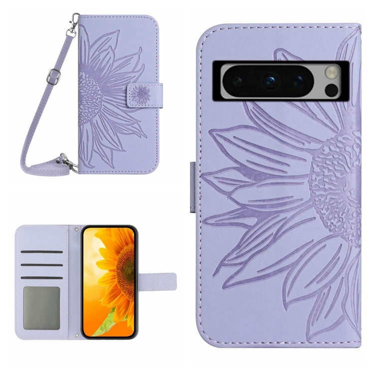 Skin Feel Custodia per telefono in pelle con flip in rilievo Sun Flower con cordino, For Google Pixel 8 Pro, For Google Pixel 8