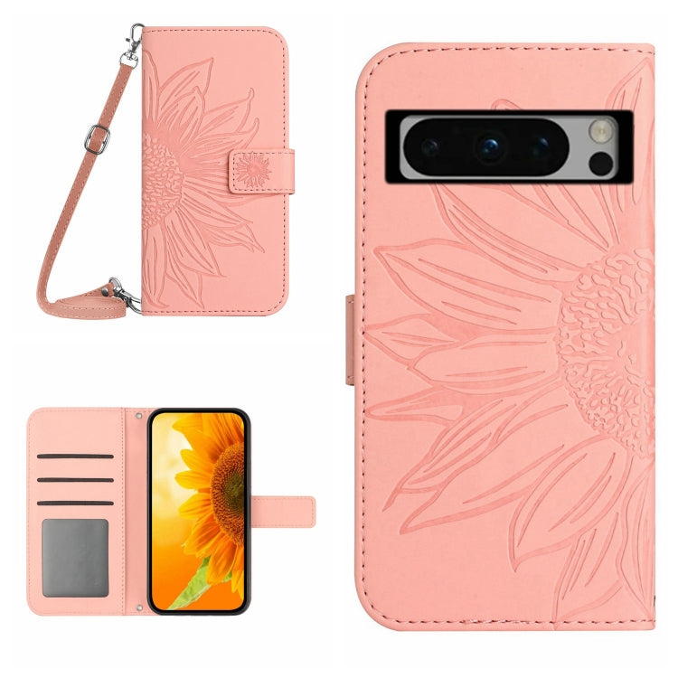 Skin Feel Custodia per telefono in pelle con flip in rilievo Sun Flower con cordino, For Google Pixel 8 Pro, For Google Pixel 8