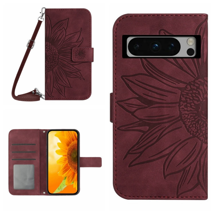 Skin Feel Custodia per telefono in pelle con flip in rilievo Sun Flower con cordino, For Google Pixel 8 Pro, For Google Pixel 8