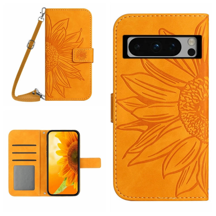 Skin Feel Custodia per telefono in pelle con flip in rilievo Sun Flower con cordino, For Google Pixel 8 Pro, For Google Pixel 8