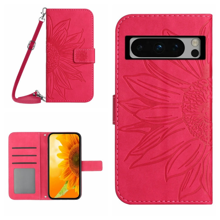 Skin Feel Custodia per telefono in pelle con flip in rilievo Sun Flower con cordino, For Google Pixel 8 Pro, For Google Pixel 8