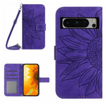 Skin Feel Custodia per telefono in pelle con flip in rilievo Sun Flower con cordino, For Google Pixel 8 Pro, For Google Pixel 8