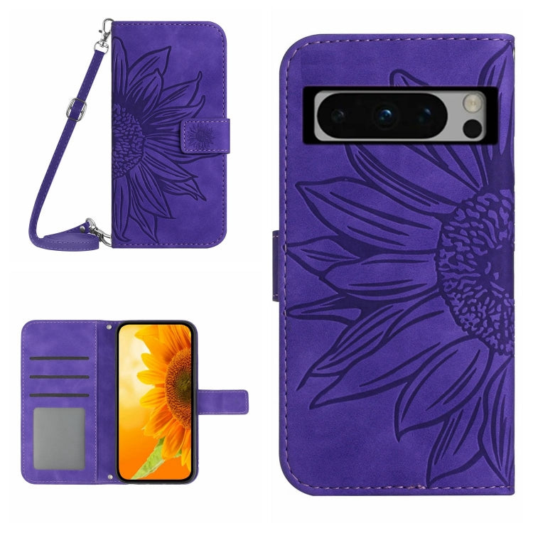 Skin Feel Custodia per telefono in pelle con flip in rilievo Sun Flower con cordino, For Google Pixel 8 Pro, For Google Pixel 8
