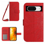 Skin Feel Custodia per telefono in pelle con flip in rilievo Sun Flower con cordino, For Google Pixel 9, For Google Pixel 8a