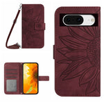 Skin Feel Custodia per telefono in pelle con flip in rilievo Sun Flower con cordino, For Google Pixel 9, For Google Pixel 8a