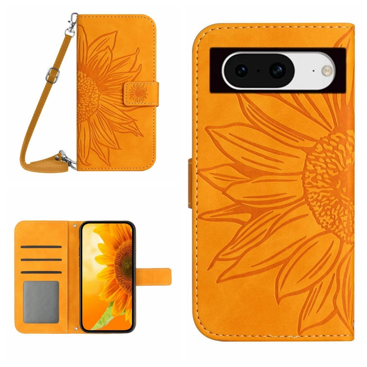 Skin Feel Custodia per telefono in pelle con flip in rilievo Sun Flower con cordino, For Google Pixel 9, For Google Pixel 8a