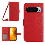 Skin Feel Custodia per telefono in pelle con flip in rilievo Sun Flower con cordino, For Google Pixel 9 Pro XL, For Google Pixel 9 Pro