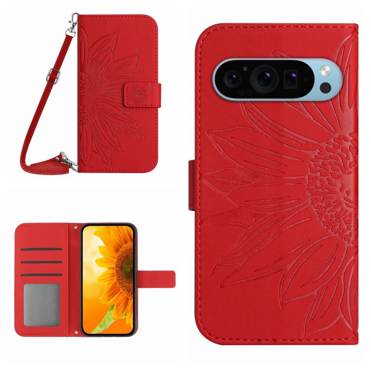 Skin Feel Custodia per telefono in pelle con flip in rilievo Sun Flower con cordino, For Google Pixel 9 Pro XL, For Google Pixel 9 Pro