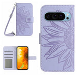 Skin Feel Custodia per telefono in pelle con flip in rilievo Sun Flower con cordino, For Google Pixel 9 Pro XL, For Google Pixel 9 Pro