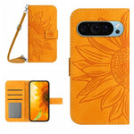 Skin Feel Custodia per telefono in pelle con flip in rilievo Sun Flower con cordino, For Google Pixel 9 Pro XL, For Google Pixel 9 Pro