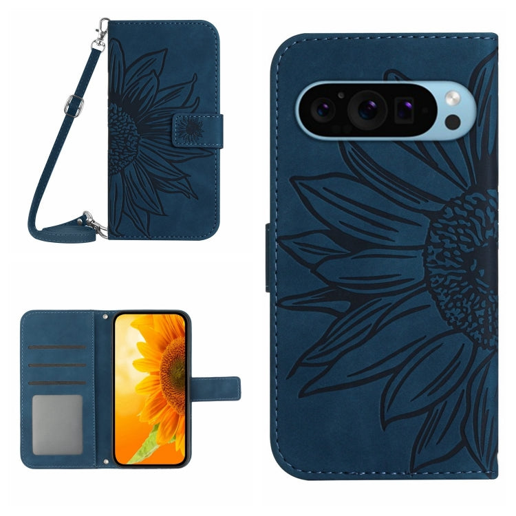 Skin Feel Custodia per telefono in pelle con flip in rilievo Sun Flower con cordino, For Google Pixel 9 Pro XL, For Google Pixel 9 Pro