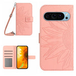 Skin Feel Custodia per telefono in pelle con flip in rilievo Sun Flower con cordino, For Google Pixel 9, For Google Pixel 8a