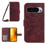 Skin Feel Custodia per telefono in pelle con flip in rilievo Sun Flower con cordino, For Google Pixel 9, For Google Pixel 8a