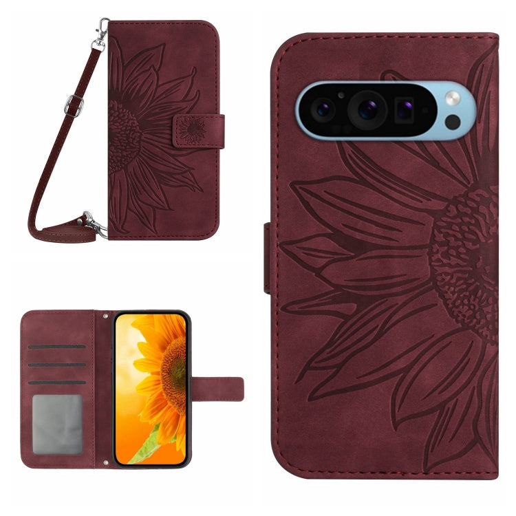Skin Feel Custodia per telefono in pelle con flip in rilievo Sun Flower con cordino, For Google Pixel 9, For Google Pixel 8a