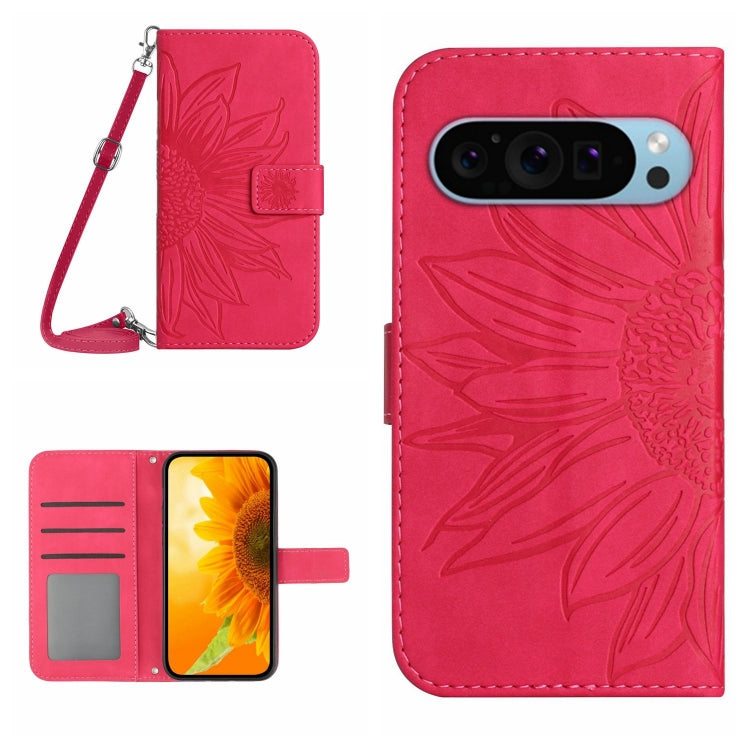 Skin Feel Custodia per telefono in pelle con flip in rilievo Sun Flower con cordino, For Google Pixel 9, For Google Pixel 8a