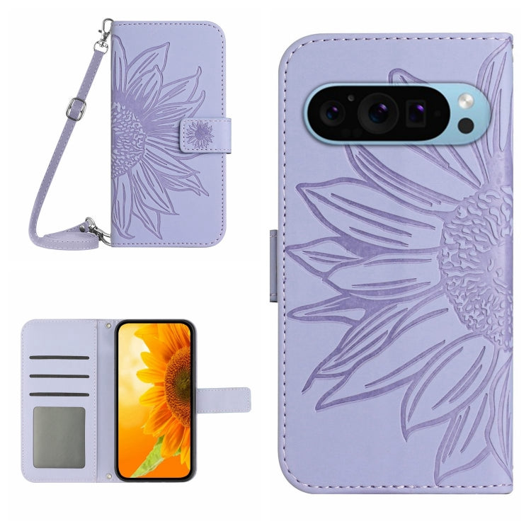 Skin Feel Custodia per telefono in pelle con flip in rilievo Sun Flower con cordino, For Google Pixel 9 Pro XL, For Google Pixel 9 Pro