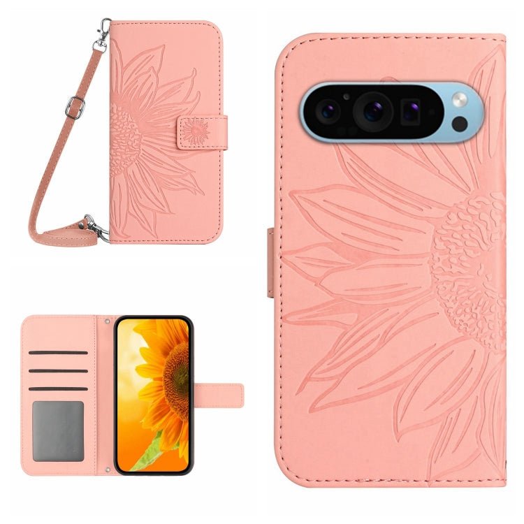 Skin Feel Custodia per telefono in pelle con flip in rilievo Sun Flower con cordino, For Google Pixel 9 Pro XL, For Google Pixel 9 Pro