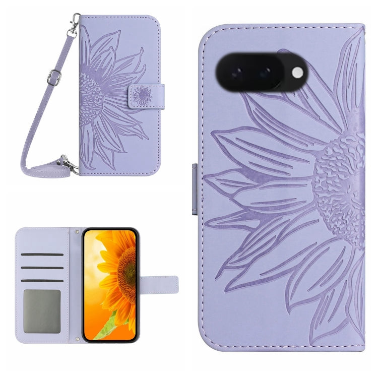 Skin Feel Custodia per telefono in pelle con flip in rilievo Sun Flower con cordino, For Google Pixel 10a, For Google Pixel 9a