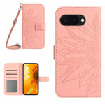 Skin Feel Custodia per telefono in pelle con flip in rilievo Sun Flower con cordino, For Google Pixel 10a, For Google Pixel 9a