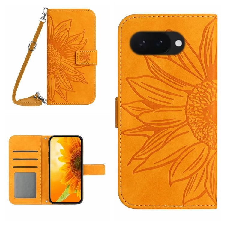 Skin Feel Custodia per telefono in pelle con flip in rilievo Sun Flower con cordino, For Google Pixel 10a, For Google Pixel 9a