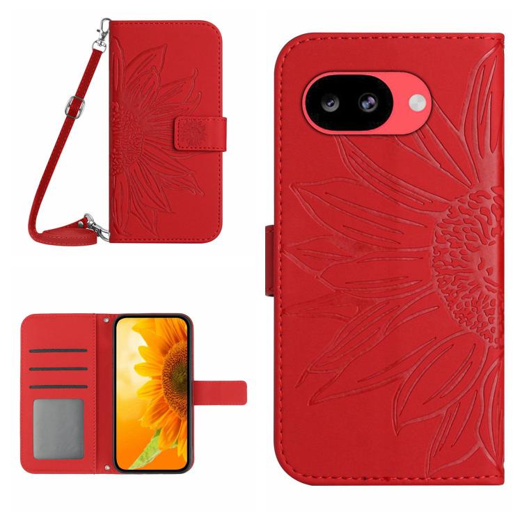 Skin Feel Custodia per telefono in pelle con flip in rilievo Sun Flower con cordino, For Google Pixel 10a, For Google Pixel 9a