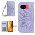 Skin Feel Custodia per telefono in pelle con flip in rilievo Sun Flower con cordino, For Google Pixel 10a, For Google Pixel 9a