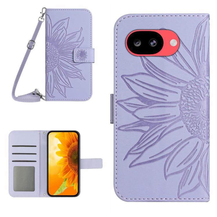 Skin Feel Custodia per telefono in pelle con flip in rilievo Sun Flower con cordino, For Google Pixel 10a, For Google Pixel 9a