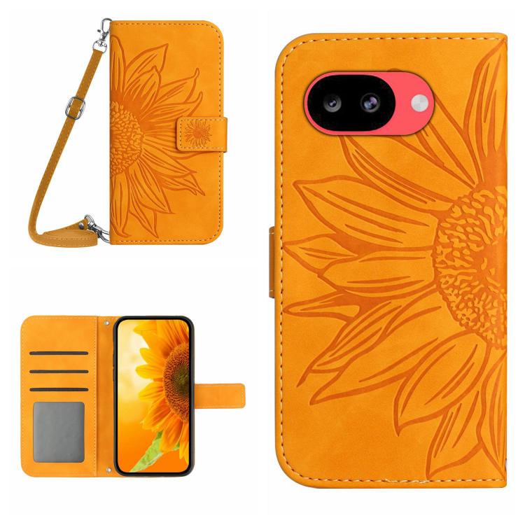 Skin Feel Custodia per telefono in pelle con flip in rilievo Sun Flower con cordino, For Google Pixel 10a, For Google Pixel 9a