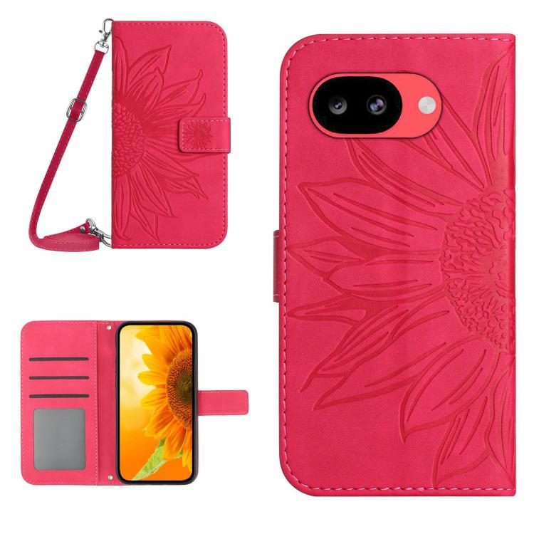 Skin Feel Custodia per telefono in pelle con flip in rilievo Sun Flower con cordino, For Google Pixel 10a, For Google Pixel 9a