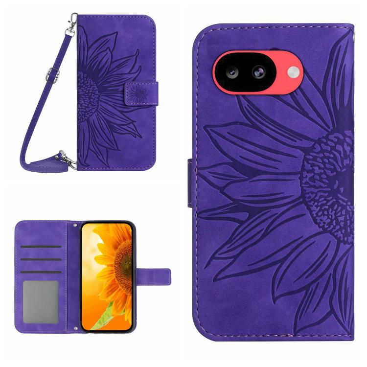 Skin Feel Custodia per telefono in pelle con flip in rilievo Sun Flower con cordino, For Google Pixel 10a, For Google Pixel 9a