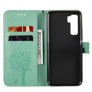 Custodia in pelle a ribalta orizzontale con motivo in rilievo albero e gatto con supporto e fessure per carte, portafoglio e cordino, For Huawei Nova 7 SE, For Huawei Nova 7