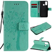 Custodia in pelle a ribalta orizzontale con motivo in rilievo albero e gatto con supporto e fessure per carte, portafoglio e cordino, For Huawei P Smart 2020, For Huawei Y5p