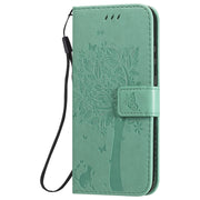 Custodia in pelle a ribalta orizzontale con motivo in rilievo albero e gatto con supporto e fessure per carte, portafoglio e cordino, For Huawei P Smart 2020, For Huawei Y5p
