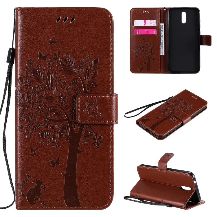 Custodia in pelle a ribalta orizzontale con motivo in rilievo albero e gatto con supporto e fessure per carte, portafoglio e cordino, For Nokia 2.3, For Samsung Galaxy A21s