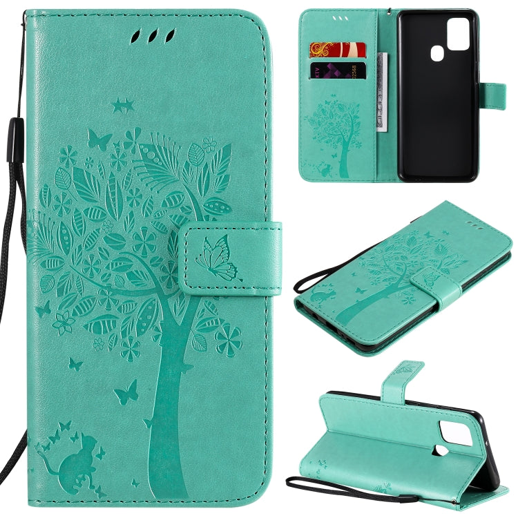 Custodia in pelle a ribalta orizzontale con motivo in rilievo albero e gatto con supporto e fessure per carte, portafoglio e cordino, For Nokia 2.3, For Samsung Galaxy A21s