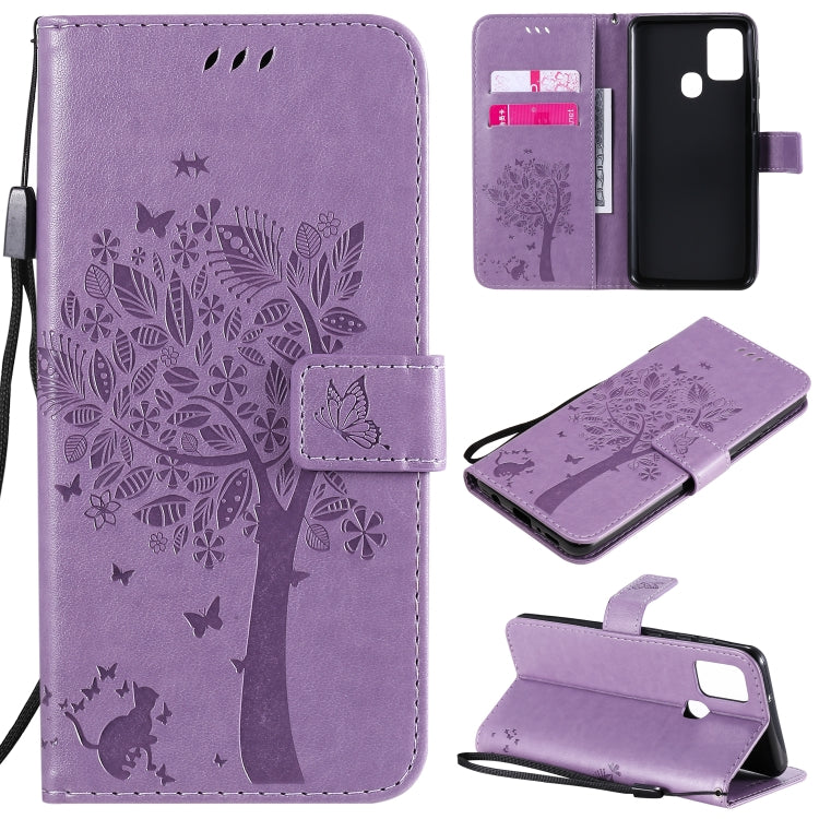 Custodia in pelle a ribalta orizzontale con motivo in rilievo albero e gatto con supporto e fessure per carte, portafoglio e cordino, For Nokia 2.3, For Samsung Galaxy A21s