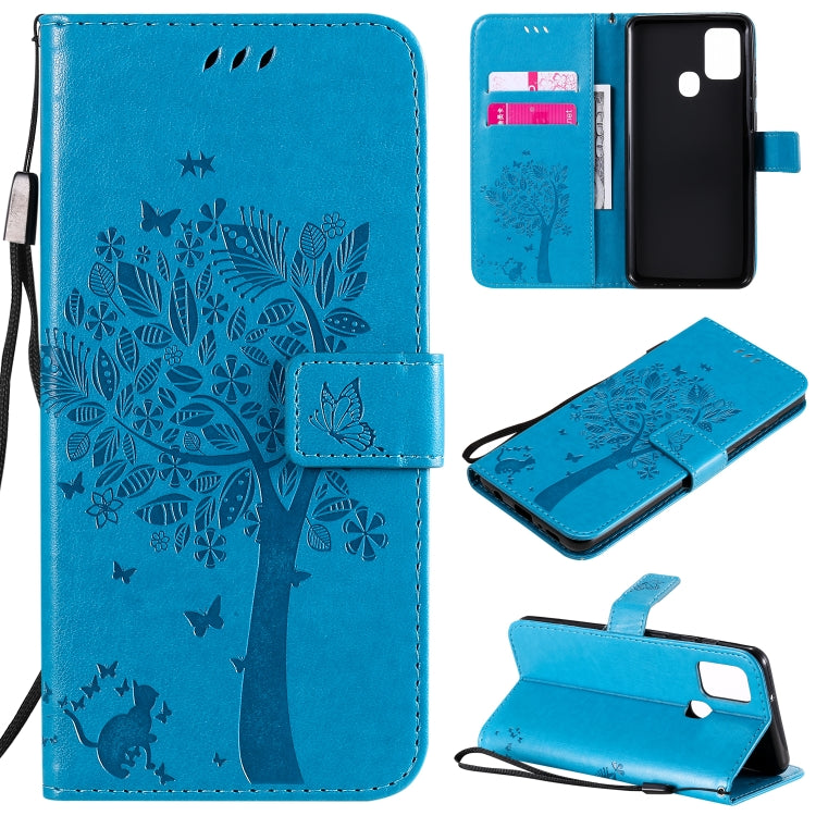 Custodia in pelle a ribalta orizzontale con motivo in rilievo albero e gatto con supporto e fessure per carte, portafoglio e cordino, For Nokia 2.3, For Samsung Galaxy A21s