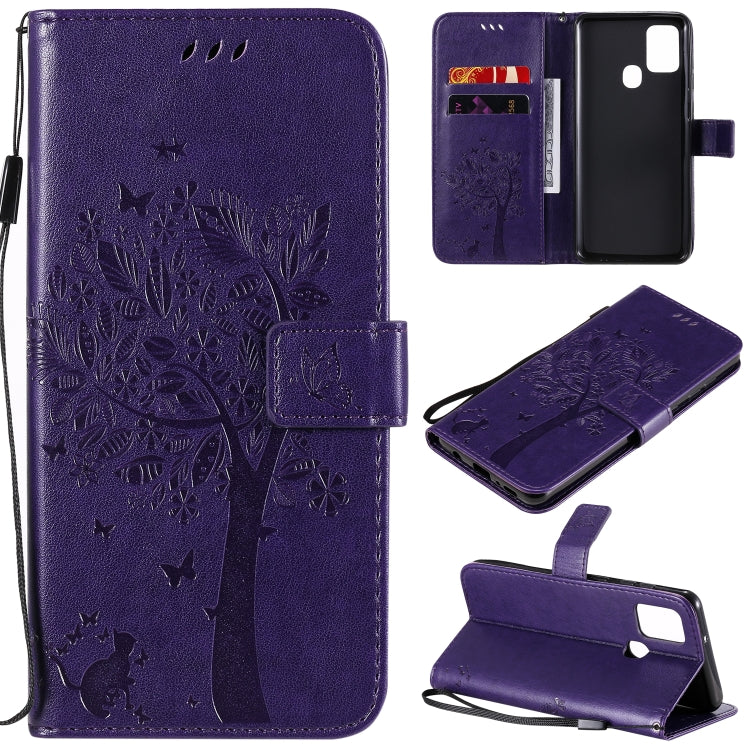 Custodia in pelle a ribalta orizzontale con motivo in rilievo albero e gatto con supporto e fessure per carte, portafoglio e cordino, For Nokia 2.3, For Samsung Galaxy A21s