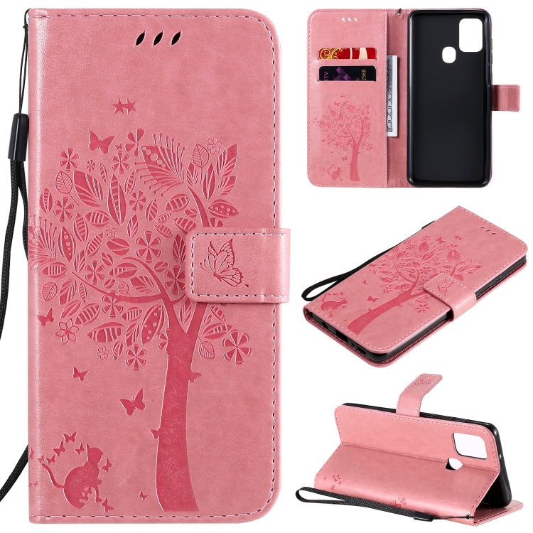 Custodia in pelle a ribalta orizzontale con motivo in rilievo albero e gatto con supporto e fessure per carte, portafoglio e cordino, For Nokia 2.3, For Samsung Galaxy A21s