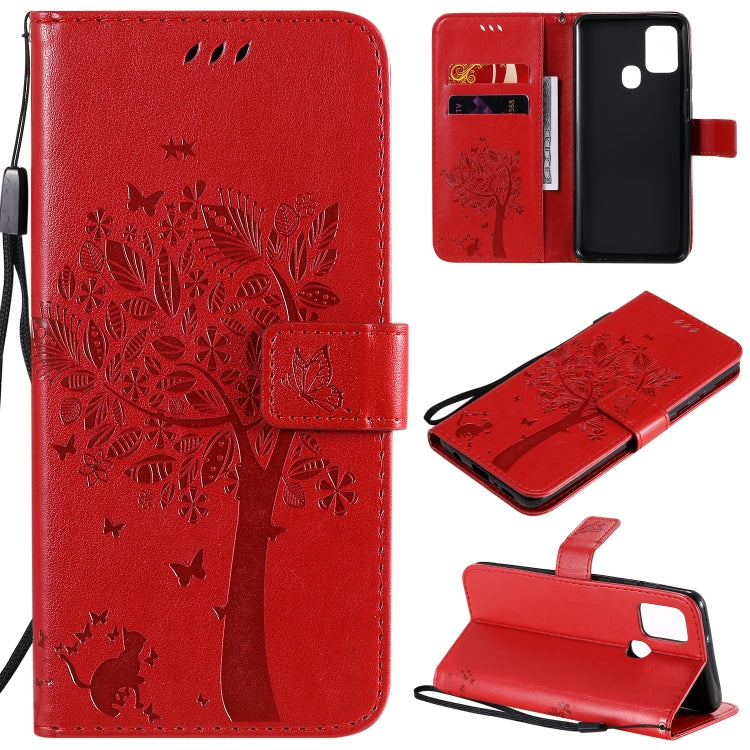 Custodia in pelle a ribalta orizzontale con motivo in rilievo albero e gatto con supporto e fessure per carte, portafoglio e cordino, For Nokia 2.3, For Samsung Galaxy A21s