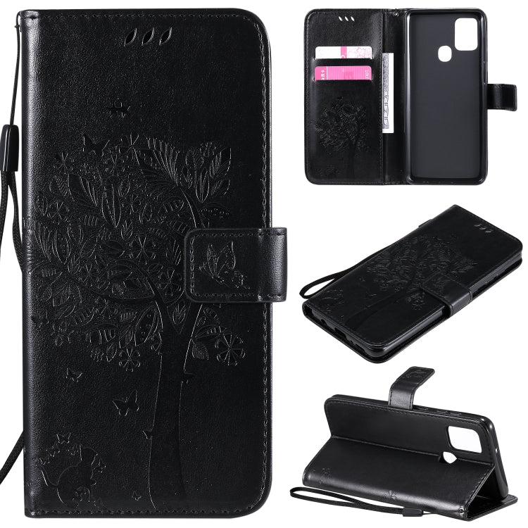 Custodia in pelle a ribalta orizzontale con motivo in rilievo albero e gatto con supporto e fessure per carte, portafoglio e cordino, For Nokia 2.3, For Samsung Galaxy A21s